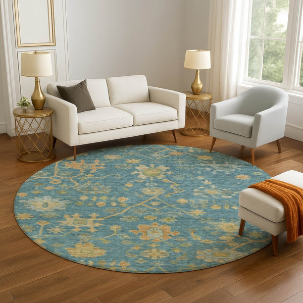 HomeRoots 8' X 10' Elegant Teal Gold & Blue Floral Washable Area Rug – UV Protected, Stain-Resistant Design! 708455