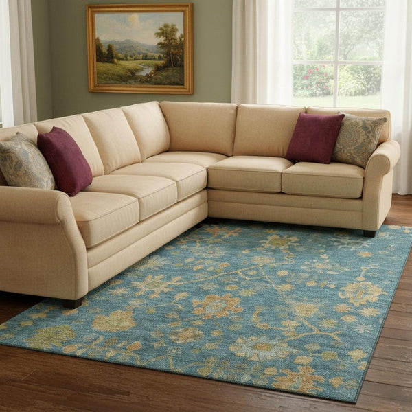 HomeRoots 9' X 12' Teal Gold Floral Area Rug - Washable, UV Protected, Perfect for Homes with Kids & Pets! 708456
