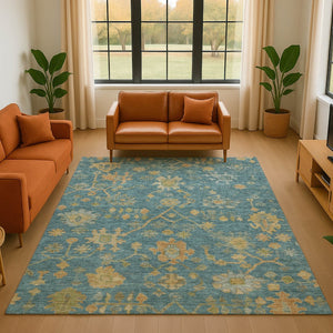 HomeRoots 9' X 12' Teal Gold Floral Area Rug - Washable, UV Protected, Perfect for Homes with Kids & Pets! 708456