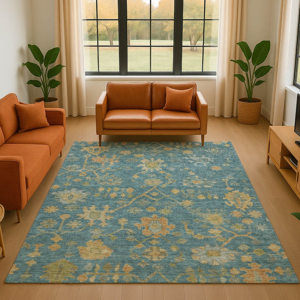 HomeRoots 9' X 12' Teal Gold Floral Area Rug - Washable, UV Protected, Perfect for Homes with Kids & Pets! 708456