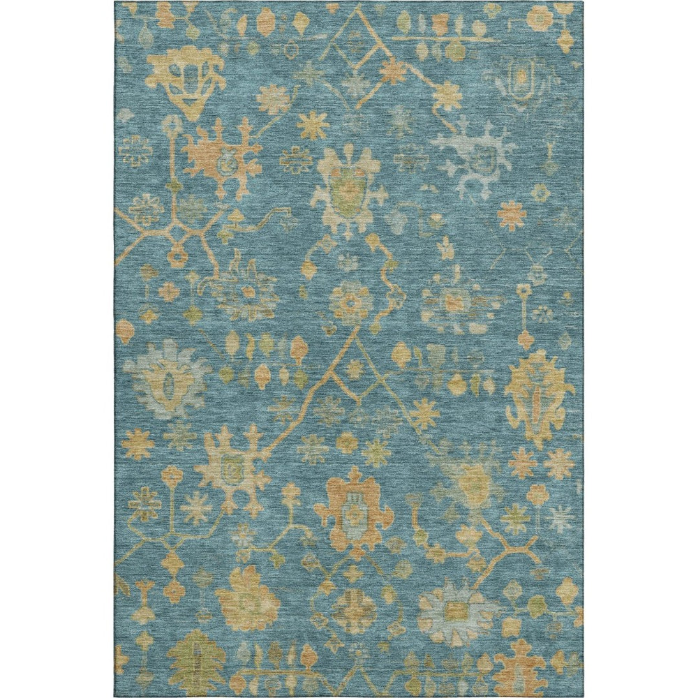 HomeRoots 9' X 12' Teal Gold Floral Area Rug - Washable, UV Protected, Perfect for Homes with Kids & Pets! 708456
