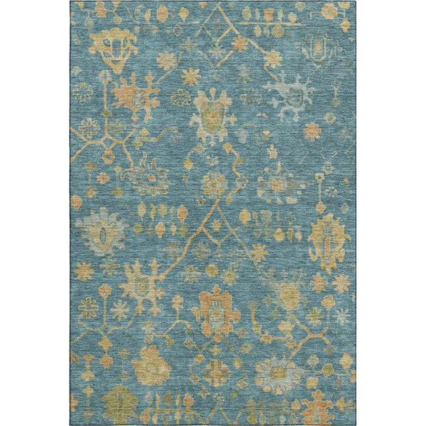 HomeRoots 9' X 12' Teal Gold Floral Area Rug - Washable, UV Protected, Perfect for Homes with Kids & Pets! 708456