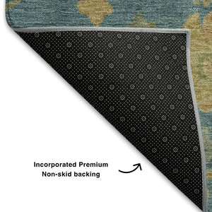 HomeRoots 9' X 12' Teal Gold Floral Area Rug - Washable, UV Protected, Perfect for Homes with Kids & Pets! 708456