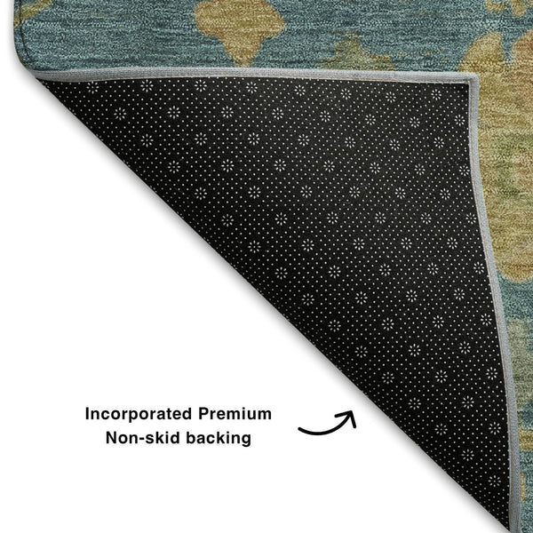 HomeRoots 9' X 12' Teal Gold Floral Area Rug - Washable, UV Protected, Perfect for Homes with Kids & Pets! 708456