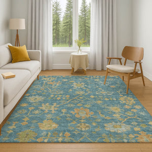 HomeRoots 9' X 12' Teal Gold Floral Area Rug - Washable, UV Protected, Perfect for Homes with Kids & Pets! 708456