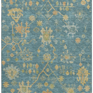 HomeRoots 9' X 12' Teal Gold Floral Area Rug - Washable, UV Protected, Perfect for Homes with Kids & Pets! 708456