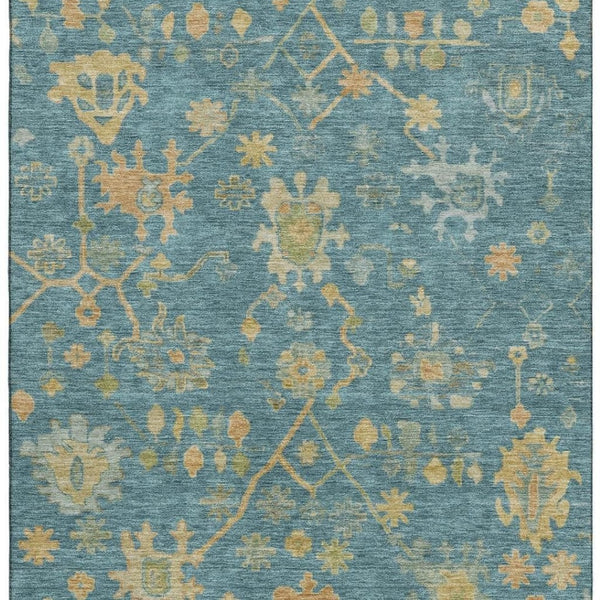 HomeRoots 9' X 12' Teal Gold Floral Area Rug - Washable, UV Protected, Perfect for Homes with Kids & Pets! 708456