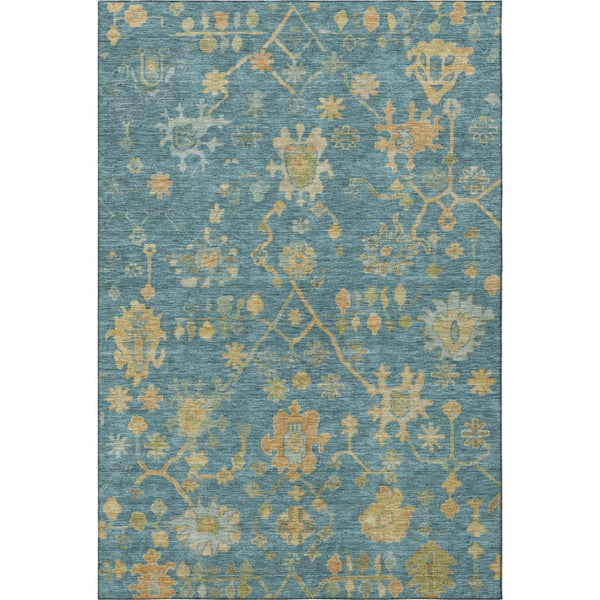 HomeRoots 9' X 12' Teal Gold Floral Area Rug - Washable, UV Protected, Perfect for Homes with Kids & Pets! 708456