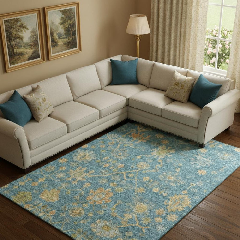 HomeRoots 10' Teal Gold and Blue Floral Area Rug – Washable, UV-Protected, Perfect for High-Traffic Spaces! 708457