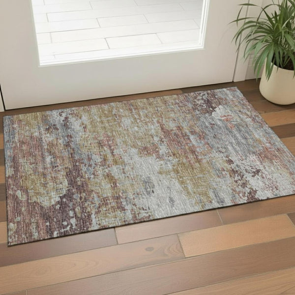 HomeRoots 5' X 8' Vibrant Green Purple Gold Abstract Washable Area Rug with UV Protection for Everyday Use 708459