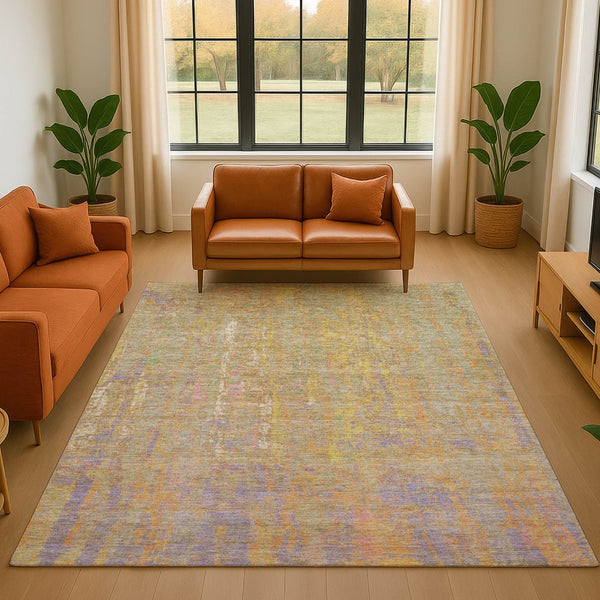 HomeRoots 8' Washable Round Rug in Bold Green, Purple, and Gold - UV Protected, Stain-Resistant, Durable Design 708460