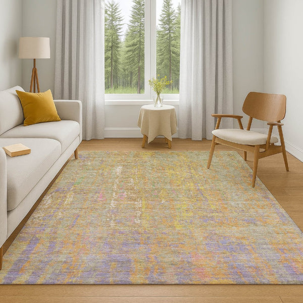 HomeRoots 8' Washable Round Rug in Bold Green, Purple, and Gold - UV Protected, Stain-Resistant, Durable Design 708460