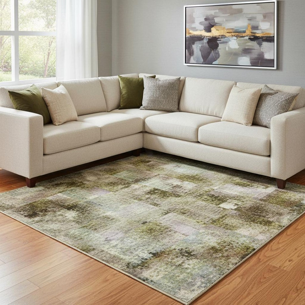 HomeRoots 9' X 12' Vibrant Green Purple Gold Abstract Washable Area Rug with UV Protection for Active Homes 708462