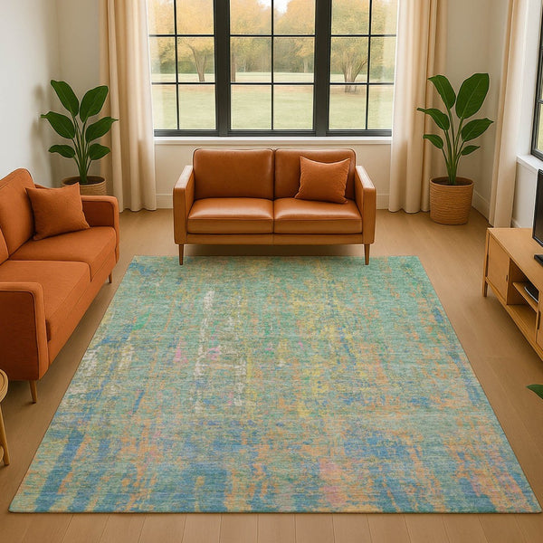 HomeRoots 5' Teal Purple and Gold Abstract Washable Area Rug - UV Protected, Stain Resistant, Modern Style! 708465