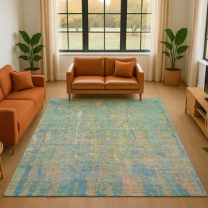 HomeRoots 9' X 12' Washable Abstract Area Rug in Teal, Purple & Gold - UV Protected, Stain Resistant, Non-Slip 708468