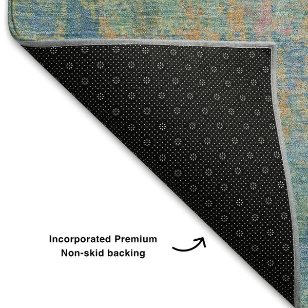 HomeRoots 9' X 12' Washable Abstract Area Rug in Teal, Purple & Gold - UV Protected, Stain Resistant, Non-Slip 708468
