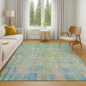 HomeRoots 9' X 12' Washable Abstract Area Rug in Teal, Purple & Gold - UV Protected, Stain Resistant, Non-Slip 708468