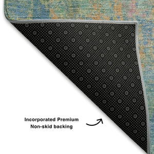 HomeRoots 10' X 14' Teal, Purple, & Gold Abstract Area Rug - Washable, UV-Protected, Durable, Non-Slip Design 708469