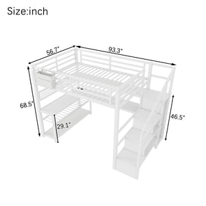 English Elm Full Size Steel Loft Bed with Staircase Storage Wardrobe Desk and Led Lighting White W2593S00059