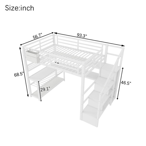 English Elm Full Size Steel Loft Bed with Staircase Storage Wardrobe Desk and Led Lighting White W2593S00059