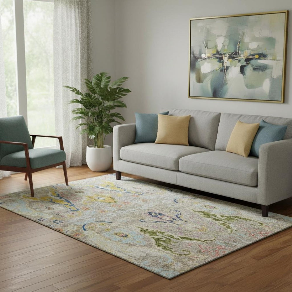 HomeRoots 8' Elegant Beige, Blue & Gold Floral Washable Round Rug with UV Protection – Perfect for High-Traffic Homes 708472