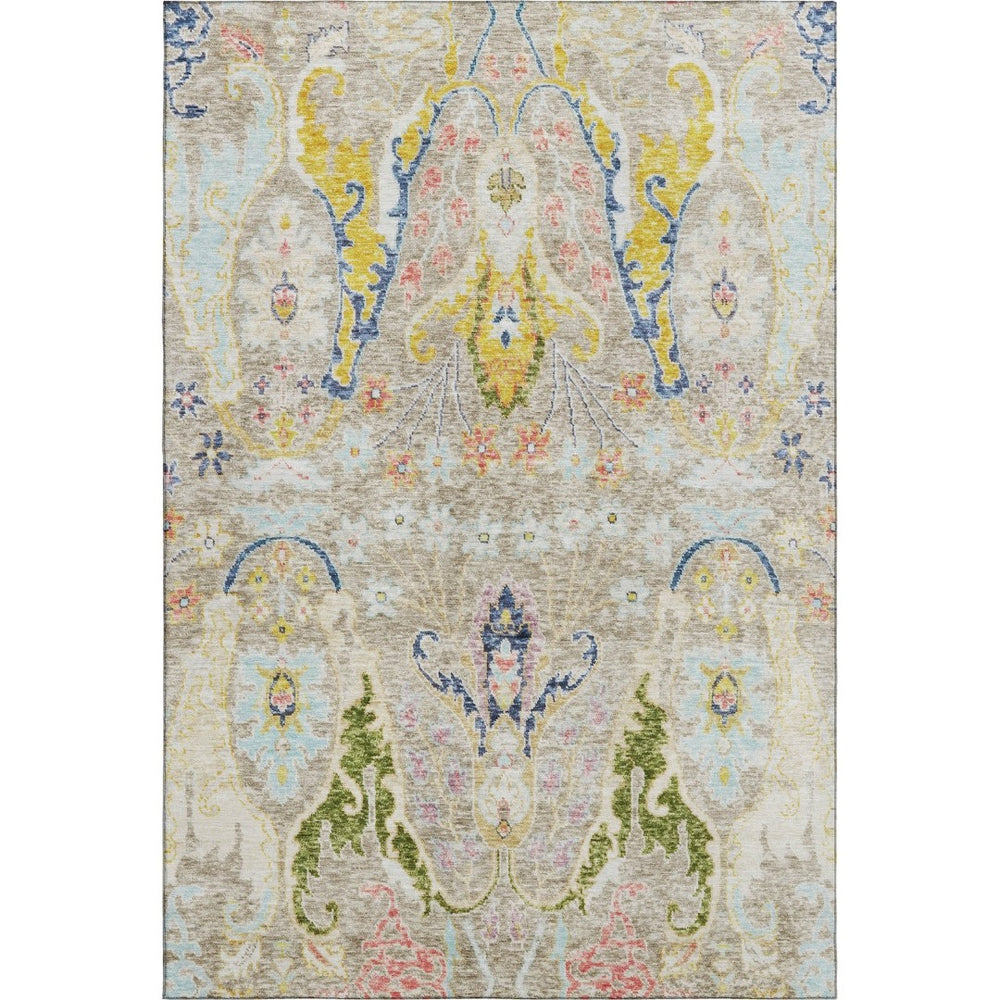 HomeRoots 8' Elegant Beige, Blue & Gold Floral Washable Round Rug with UV Protection – Perfect for High-Traffic Homes 708472