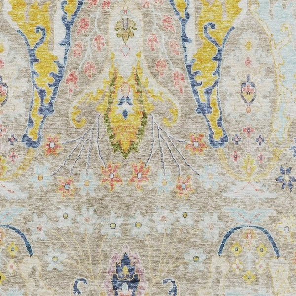 HomeRoots 8' Elegant Beige, Blue & Gold Floral Washable Round Rug with UV Protection – Perfect for High-Traffic Homes 708472