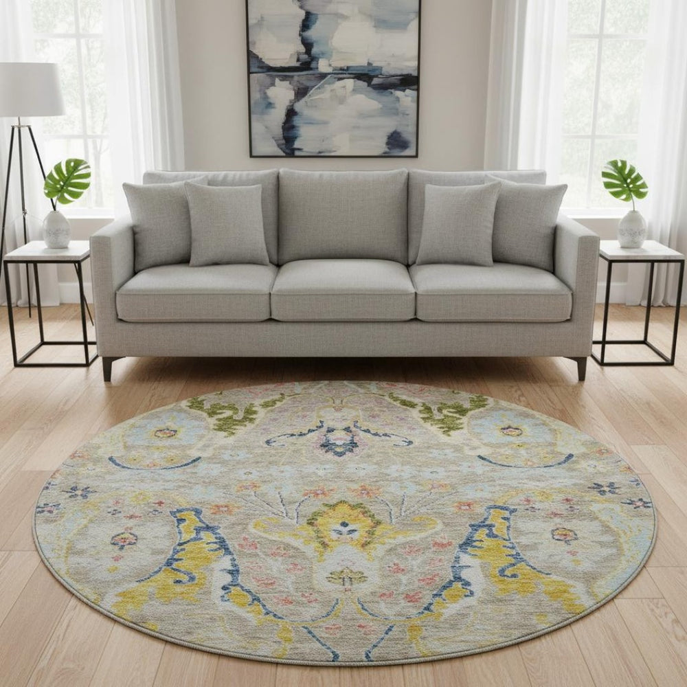 HomeRoots 8' X 10' Washable Floral Area Rug in Beige, Blue & Gold - UV Protection for High-Traffic Areas 708473