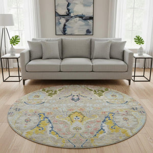 HomeRoots 8' X 10' Washable Floral Area Rug in Beige, Blue & Gold - UV Protection for High-Traffic Areas 708473