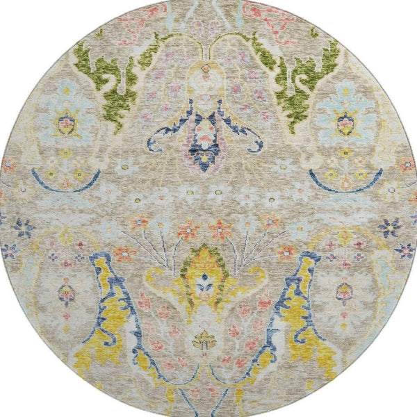 HomeRoots 8' X 10' Washable Floral Area Rug in Beige, Blue & Gold - UV Protection for High-Traffic Areas 708473