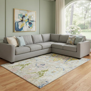 HomeRoots 9' X 12' Elegant Floral Washable Area Rug in Beige, Blue & Gold - UV Protected for Durability! 708474
