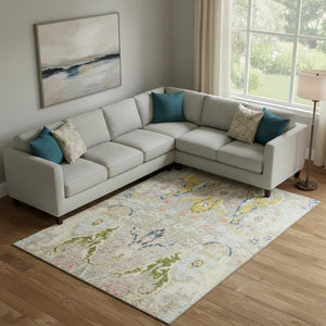 HomeRoots 10' Elegant Beige, Blue & Gold Floral Area Rug - Washable, UV Protected, Perfect for High-Traffic Homes 708475