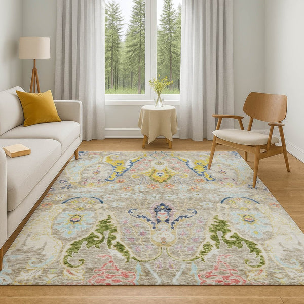 HomeRoots 10' Elegant Beige, Blue & Gold Floral Area Rug - Washable, UV Protected, Perfect for High-Traffic Homes 708475