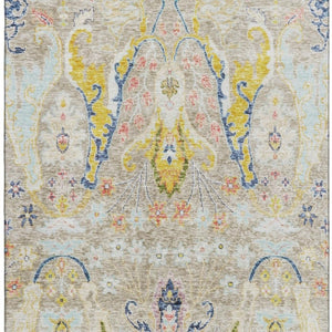 HomeRoots 10' Elegant Beige, Blue & Gold Floral Area Rug - Washable, UV Protected, Perfect for High-Traffic Homes 708475