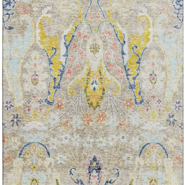 HomeRoots 10' Elegant Beige, Blue & Gold Floral Area Rug - Washable, UV Protected, Perfect for High-Traffic Homes 708475