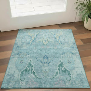 HomeRoots 5' X 8' Washable Floral Area Rug in Blue-Teal & Artichoke Green - Durable, Stain-Resistant & UV Safe! 708477