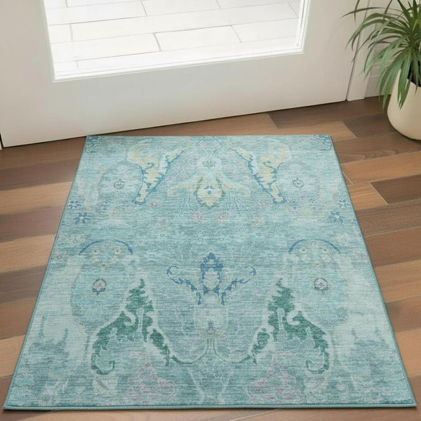 HomeRoots 5' X 8' Washable Floral Area Rug in Blue-Teal & Artichoke Green - Durable, Stain-Resistant & UV Safe! 708477