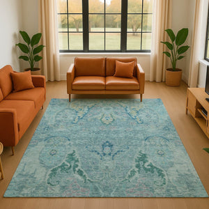 HomeRoots 5' X 8' Washable Floral Area Rug in Blue-Teal & Artichoke Green - Durable, Stain-Resistant & UV Safe! 708477
