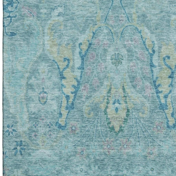HomeRoots 5' X 8' Washable Floral Area Rug in Blue-Teal & Artichoke Green - Durable, Stain-Resistant & UV Safe! 708477