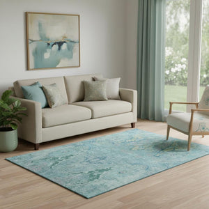 HomeRoots 8' Blue Teal & Artichoke Green Floral Area Rug - Washable, UV-Protected, Perfect for Homes with Kids! 708478