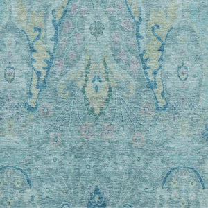 HomeRoots 8' Blue Teal & Artichoke Green Floral Area Rug - Washable, UV-Protected, Perfect for Homes with Kids! 708478