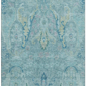 HomeRoots 8' Blue Teal & Artichoke Green Floral Area Rug - Washable, UV-Protected, Perfect for Homes with Kids! 708478