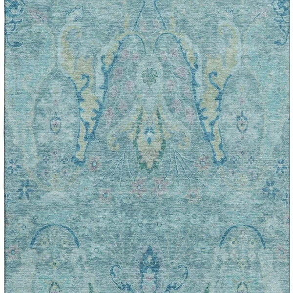 HomeRoots 8' Blue Teal & Artichoke Green Floral Area Rug - Washable, UV-Protected, Perfect for Homes with Kids! 708478