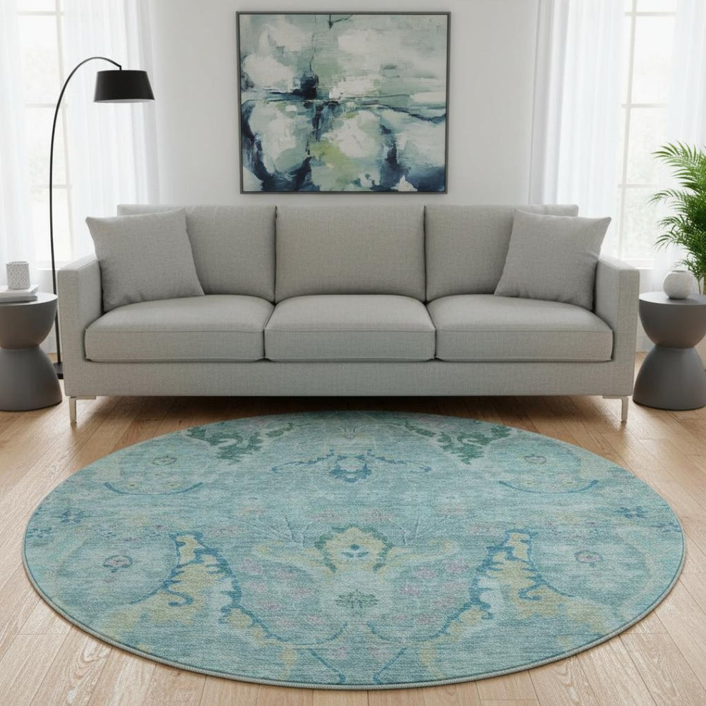 HomeRoots 8' X 10' Blue Teal & Artichoke Green Floral Washable Area Rug - Durable, UV Protected & Stylish! 708479