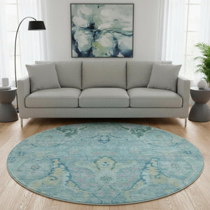 HomeRoots 8' X 10' Blue Teal & Artichoke Green Floral Washable Area Rug - Durable, UV Protected & Stylish! 708479
