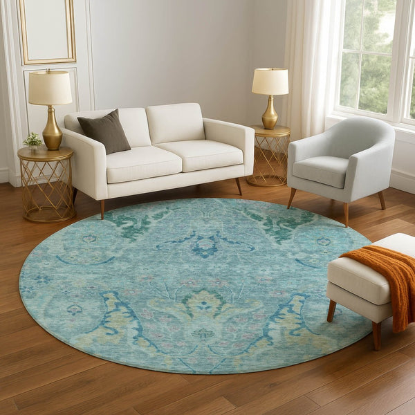 HomeRoots 8' X 10' Blue Teal & Artichoke Green Floral Washable Area Rug - Durable, UV Protected & Stylish! 708479
