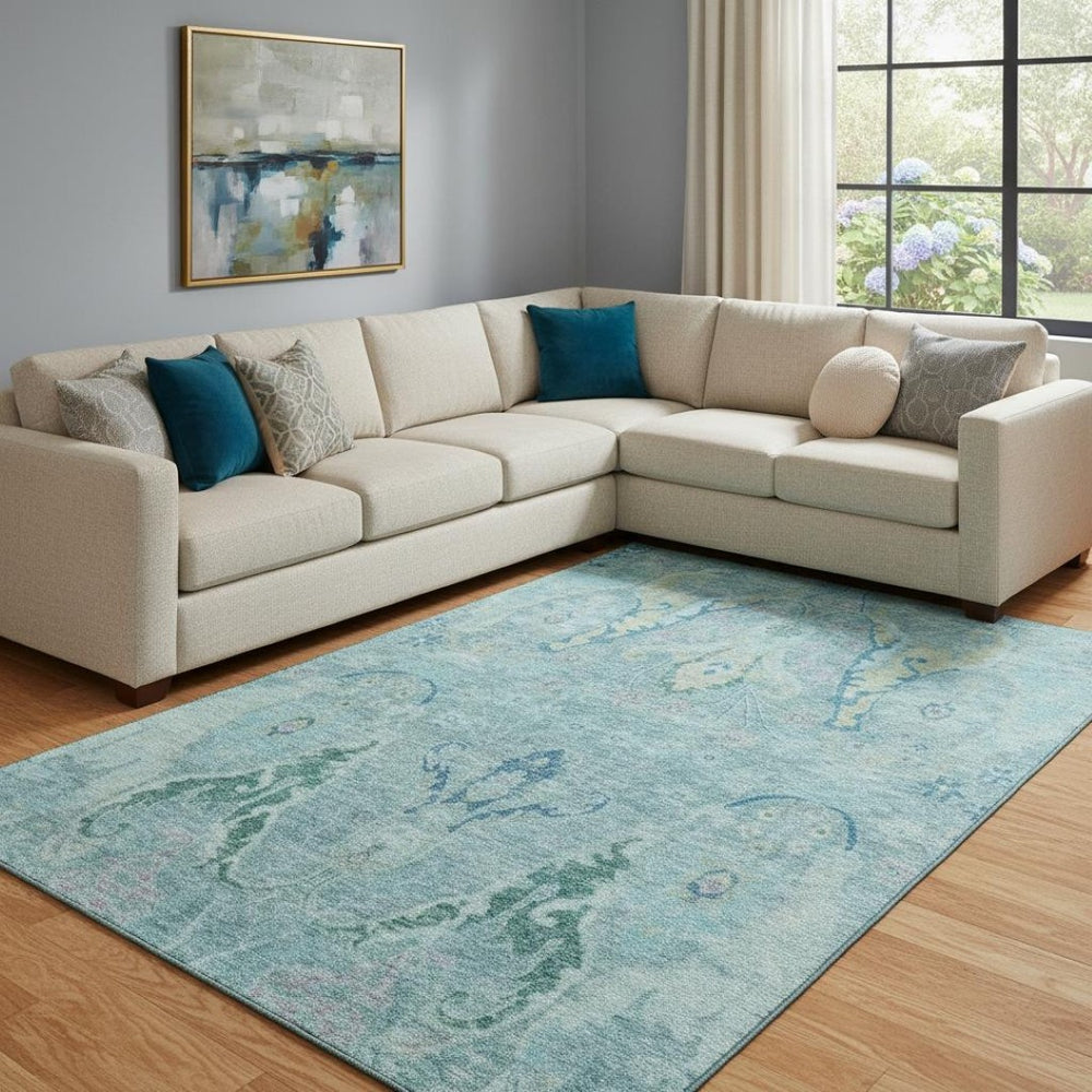 HomeRoots 9' X 12' Floral Washable Area Rug in Blue-Teal & Artichoke Green with UV Protection for Families 708480