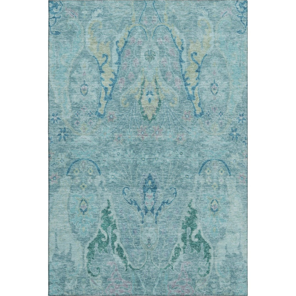 HomeRoots 9' X 12' Floral Washable Area Rug in Blue-Teal & Artichoke Green with UV Protection for Families 708480