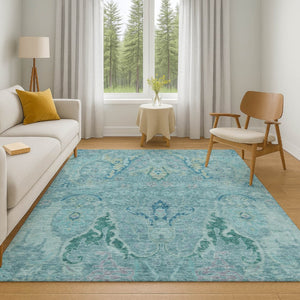HomeRoots 10' Blue Teal & Artichoke Green Floral Washable Area Rug - UV Protected, Durable & Stylish Décor 708481