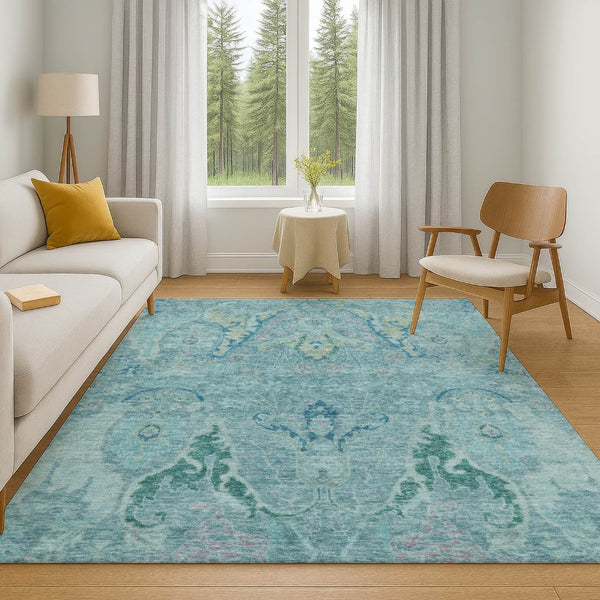 HomeRoots 10' Blue Teal & Artichoke Green Floral Washable Area Rug - UV Protected, Durable & Stylish Décor 708481